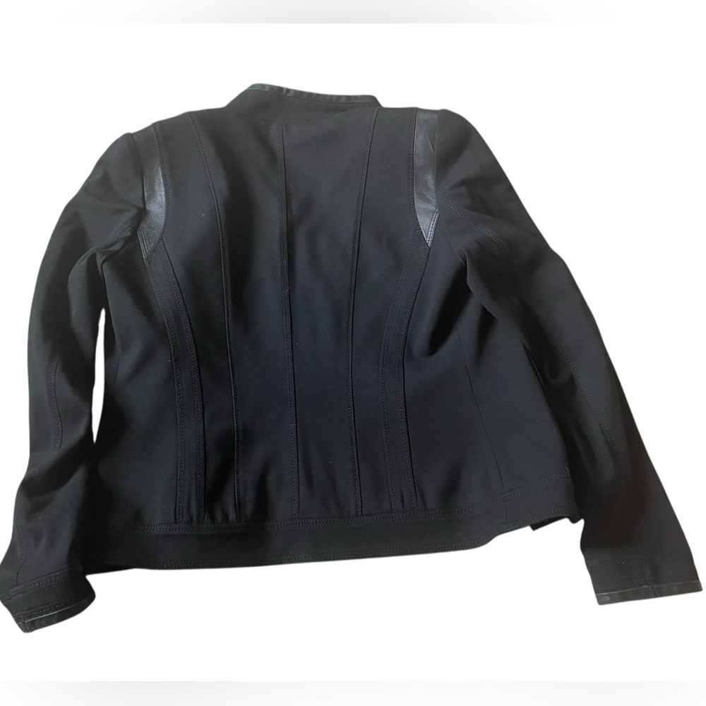 Elie Tahari Black Zip-Front Leather-Trim Jacket - Picture 3 of 7